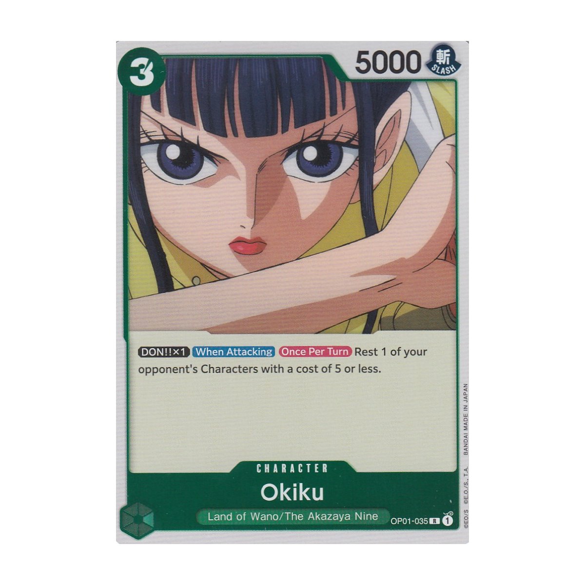 thumbnail image 2 of Okiku OP01-035 R – ONE PIECE Card Game, Bandai Fest 23-24, Japanese Green Full Art Promo 2 of 5
