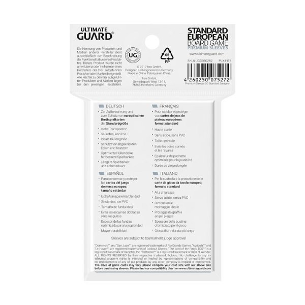 Ultimate Guard Premium Soft Sleeves f&uuml;r Brettspielkarten Standard European (50)