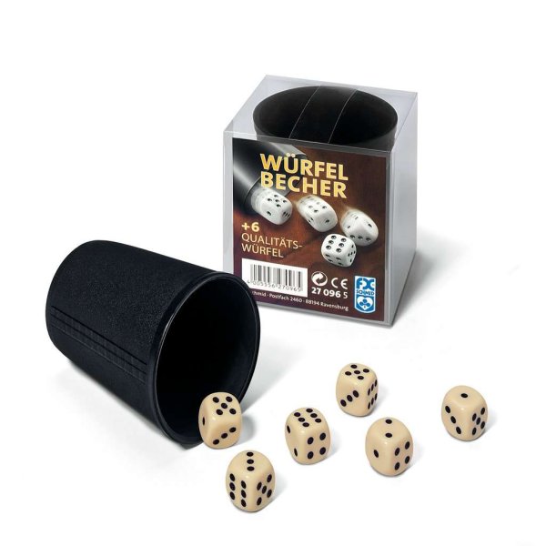 W&uuml;rfelbecher und 6 Qualit&auml;tsw&uuml;rfel in Klarsichtbox