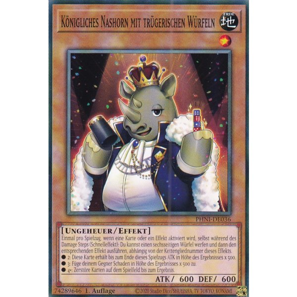 K&ouml;nigliches Nashorn mit tr&uuml;gerischen W&uuml;rfeln PHNI-DE036