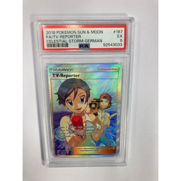 2018 POKEMON SUN &amp; MOON FA/TV-REPORTER CELESTIAL STORM-GERMAN PSA 5
