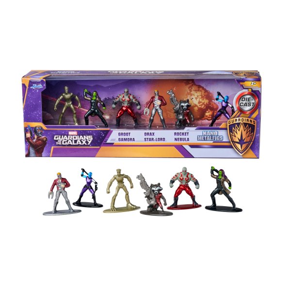 JADA Marvel Galaxy Giftpack - 6 Statuette In Metallo Da 4 Cm Dei Guardiani Della Galassia - Star-Lord, Groot, Rocket E Altri