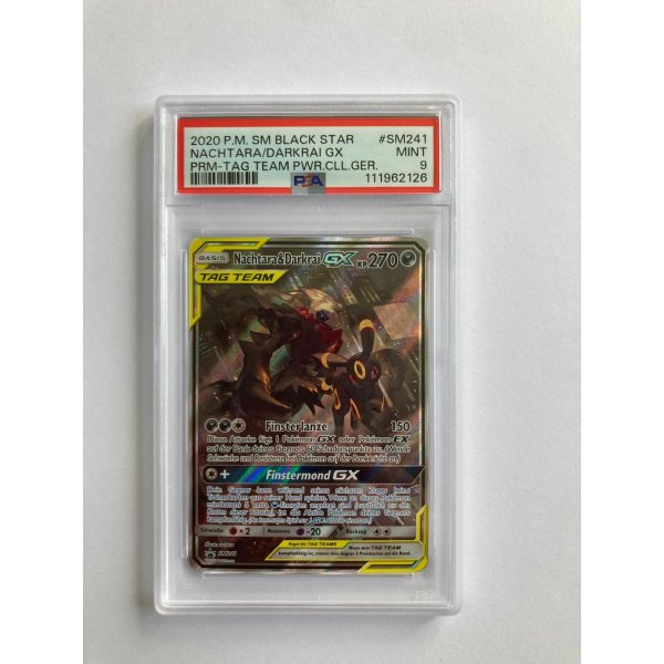 2020 P.M. SM BLACK STAR NACHTARA/DARKRAI GX PRM-TAG TEAM PWR.CLL.GER. MINT PSA 9
