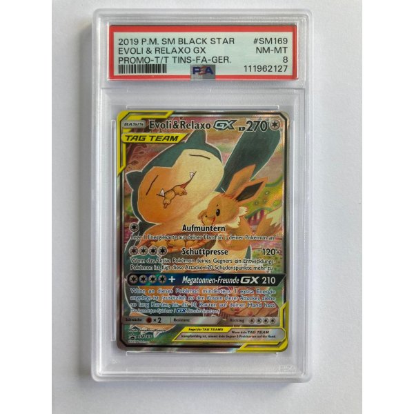 2019 P.M. SM BLACK STAR EVOLI &amp; RELAXO GX PROMO-T/T TINS-FA-GER. NM-MT PSA 8