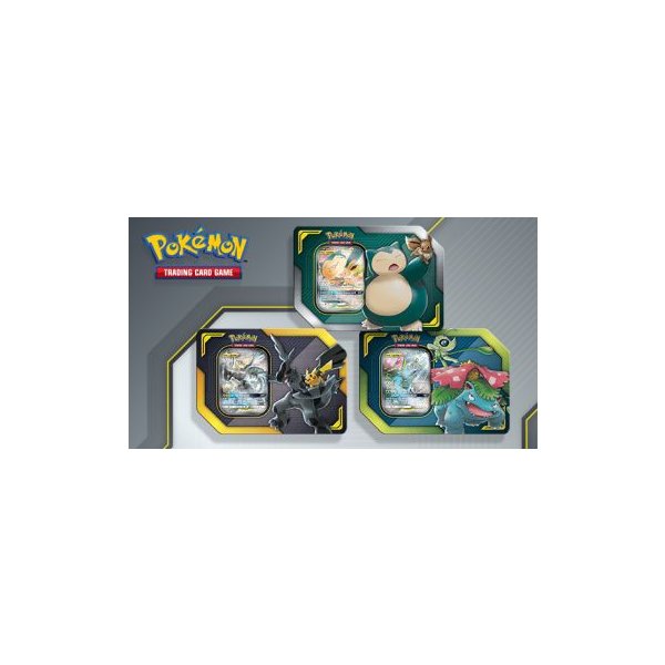 Alle 3 Pokemon Tag Team Tins: Pikachu und Zekrom GX, Evoli und Relaxo GX, Celebi und Bisaflor GX