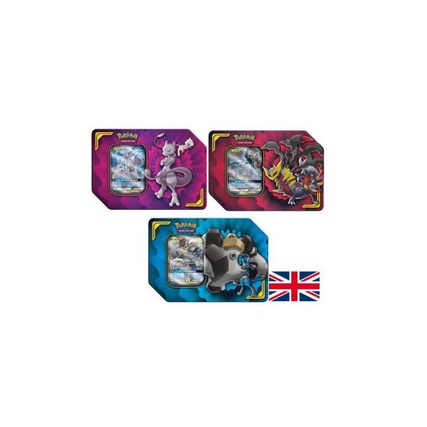 Alle 3 Pokemon Power-Partner Tag Team Tin: Mewtwo/Mew GX, Lucario/Melmetal GX, Garchomp/Giratina GX (englisch)