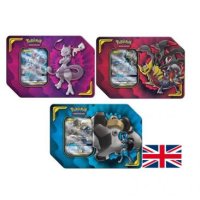 Alle 3 Pokemon Power-Partner Tag Team Tin: Mewtwo/Mew GX, Lucario/Melmetal GX, Garchomp/Giratina GX (englisch)