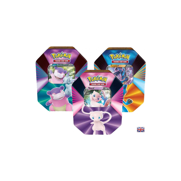Alle 3 Pokemon Spring Tins 2021: Slowbro-V, Mew-V und Lucario-V (englisch)